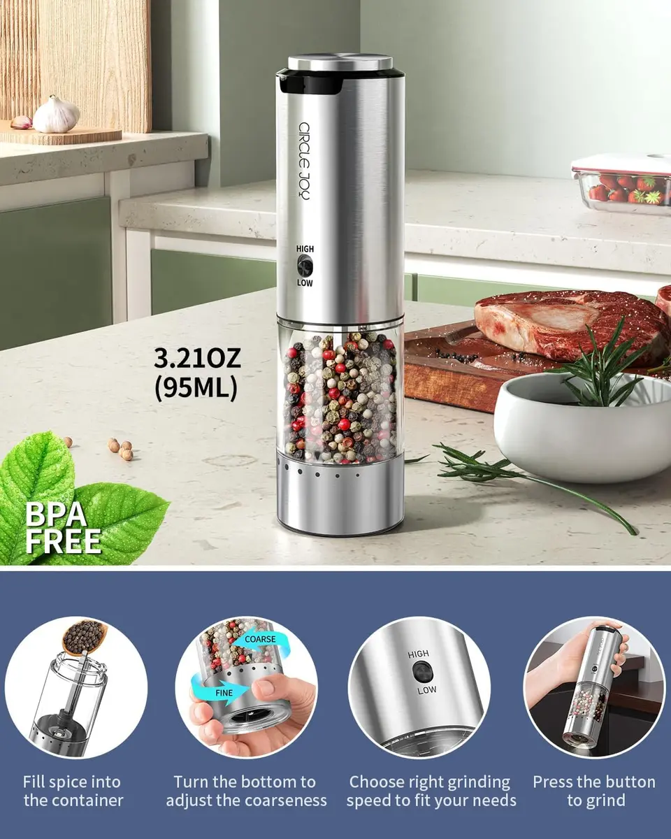 CIRCLE JOY Electric Pepper Grinder Stainless Steel Rechargeable with Variable Speed & LED Light | 95ml Container - view 5