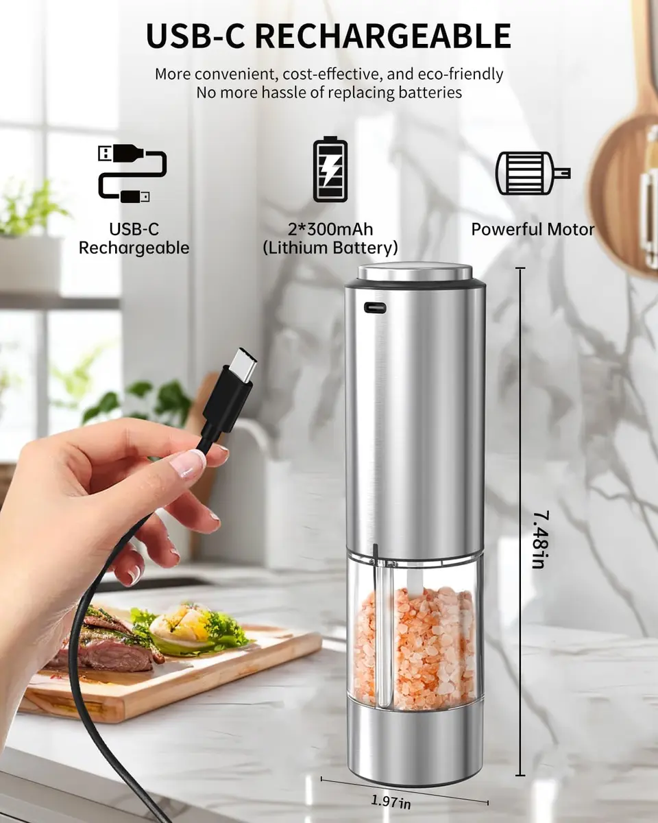 CIRCLE JOY Electric Pepper Grinder Stainless Steel Rechargeable with Variable Speed & LED Light | 95ml Container - view 4