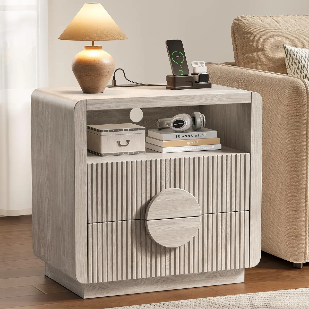 OneBlis 23" Wide Fluted Nightstand with Charging Station | Mid Century Bedside Table in Gray Oak - main product image