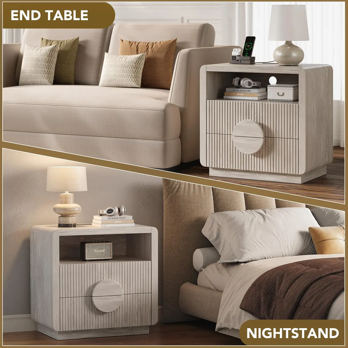 OneBlis 23" Wide Fluted Nightstand with Charging Station | Mid Century Bedside Table in Gray Oak - view 7