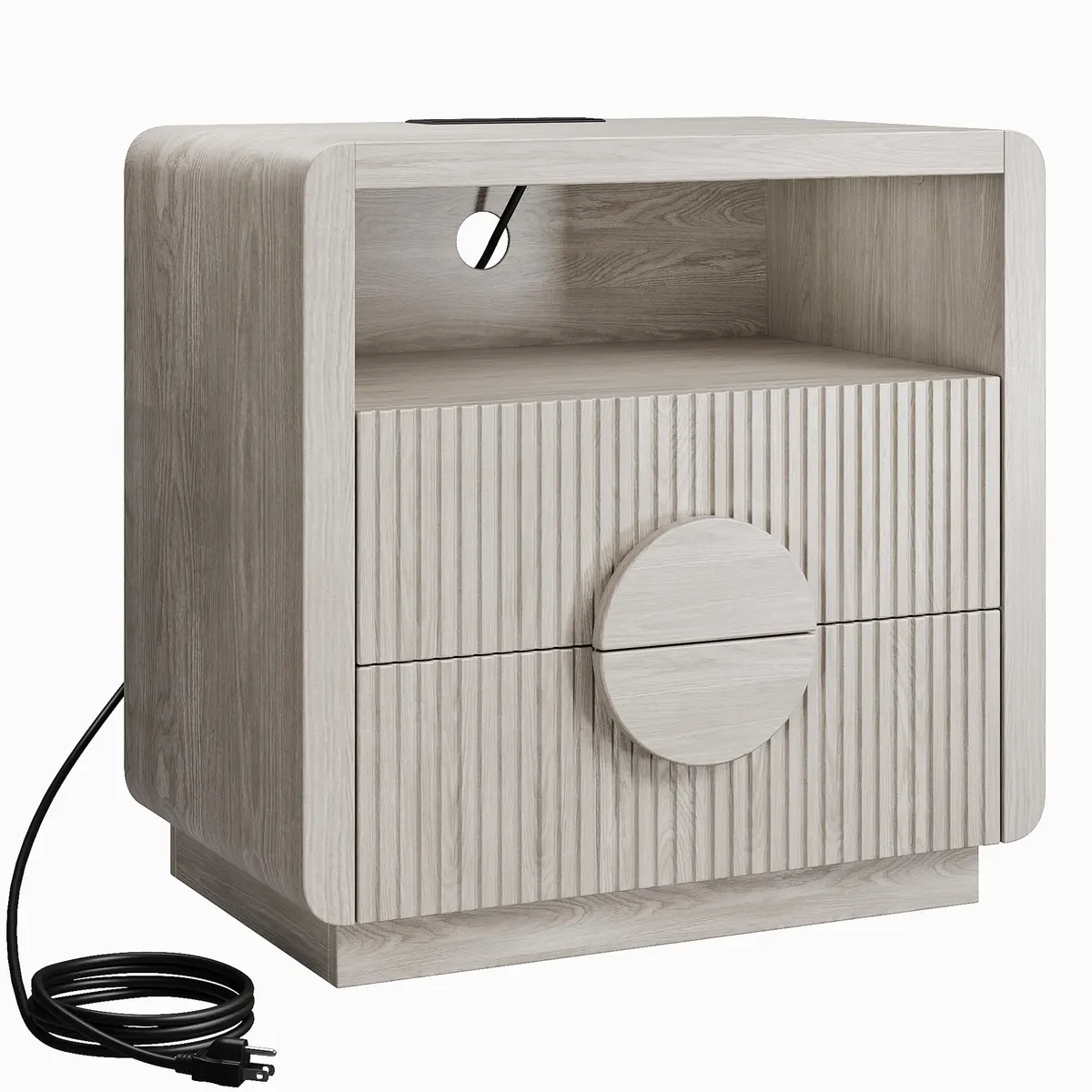 OneBlis 23" Wide Fluted Nightstand with Charging Station | Mid Century Bedside Table in Gray Oak - view 8
