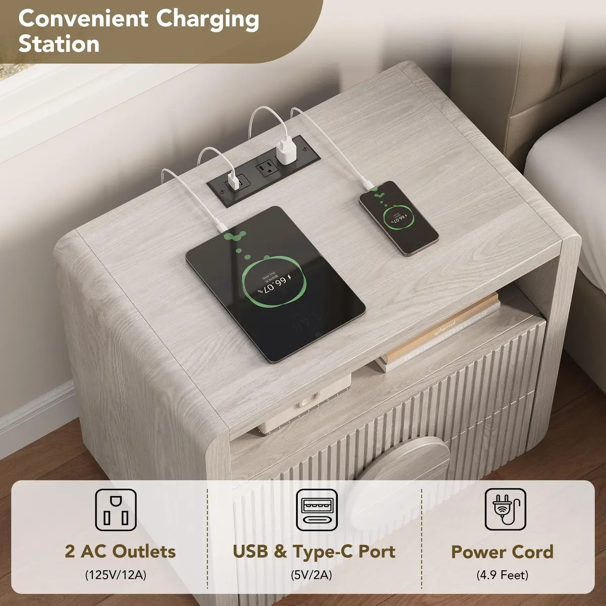 OneBlis 23" Wide Fluted Nightstand with Charging Station | Mid Century Bedside Table in Gray Oak - view 3