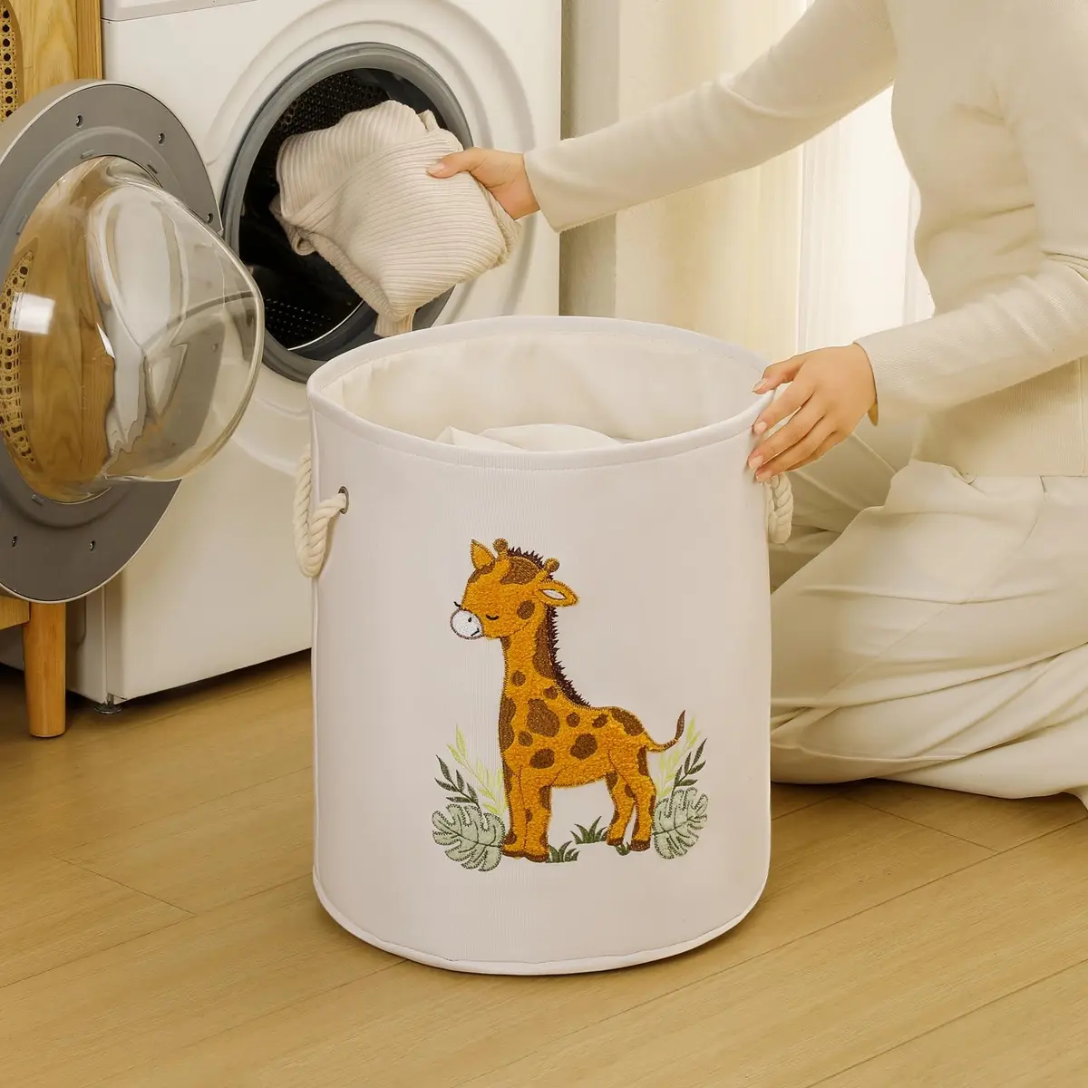 INough Kids Laundry Basket Giraffe Nursery Canvas 58L | Spacious & Foldable - view 5