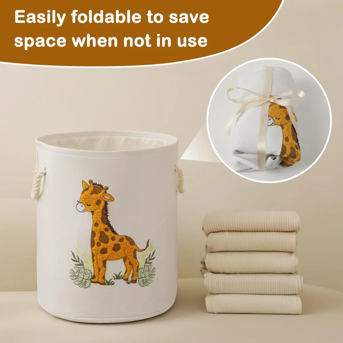 INough Kids Laundry Basket Giraffe Nursery Canvas 58L | Spacious & Foldable - view 7