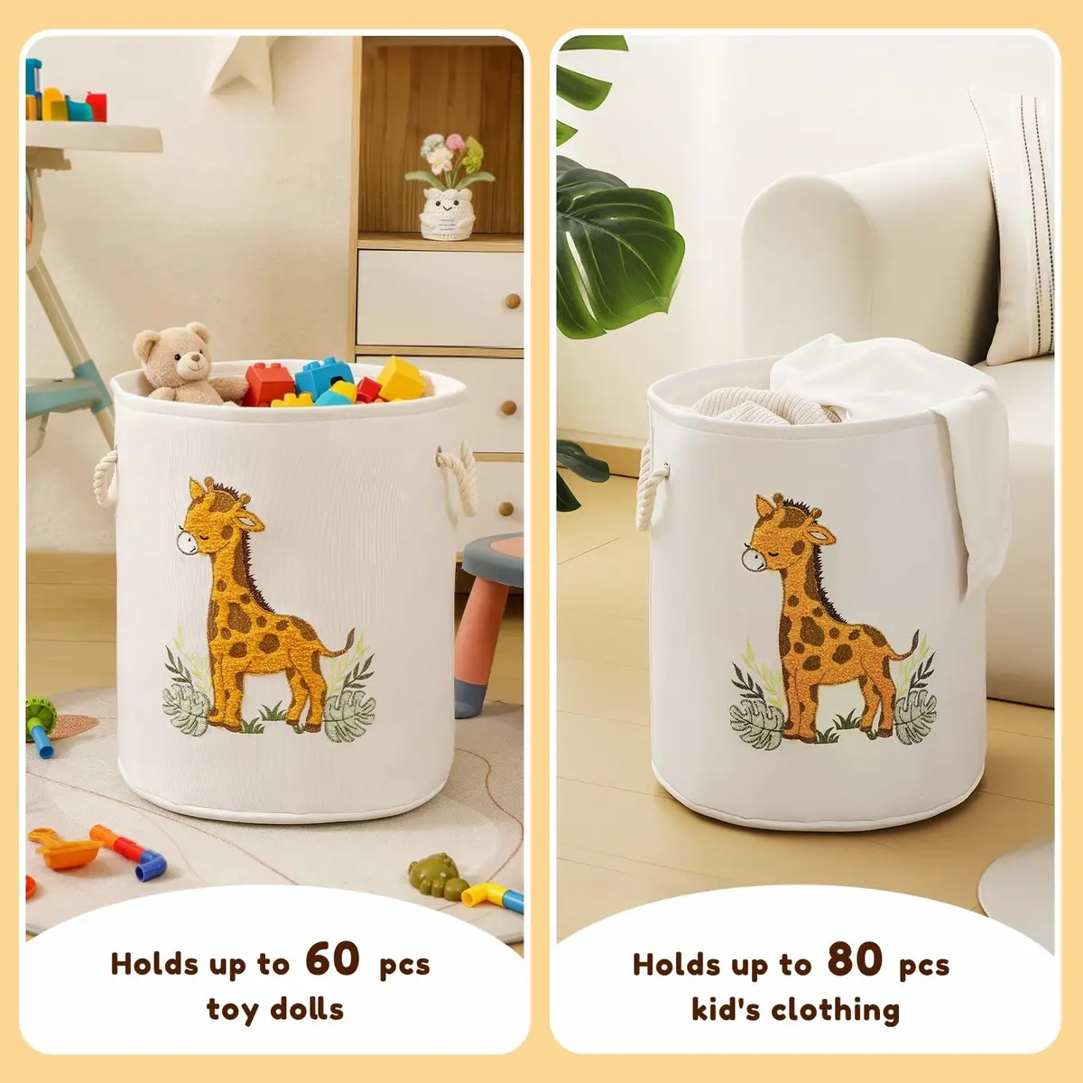 INough Kids Laundry Basket Giraffe Nursery Canvas 58L | Spacious & Foldable - view 3