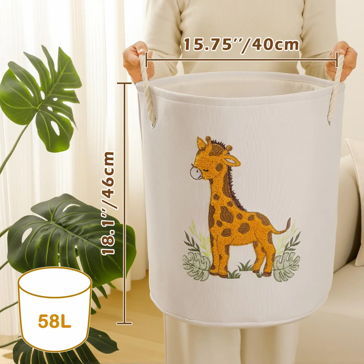 INough Kids Laundry Basket Giraffe Nursery Canvas 58L | Spacious & Foldable - view 4