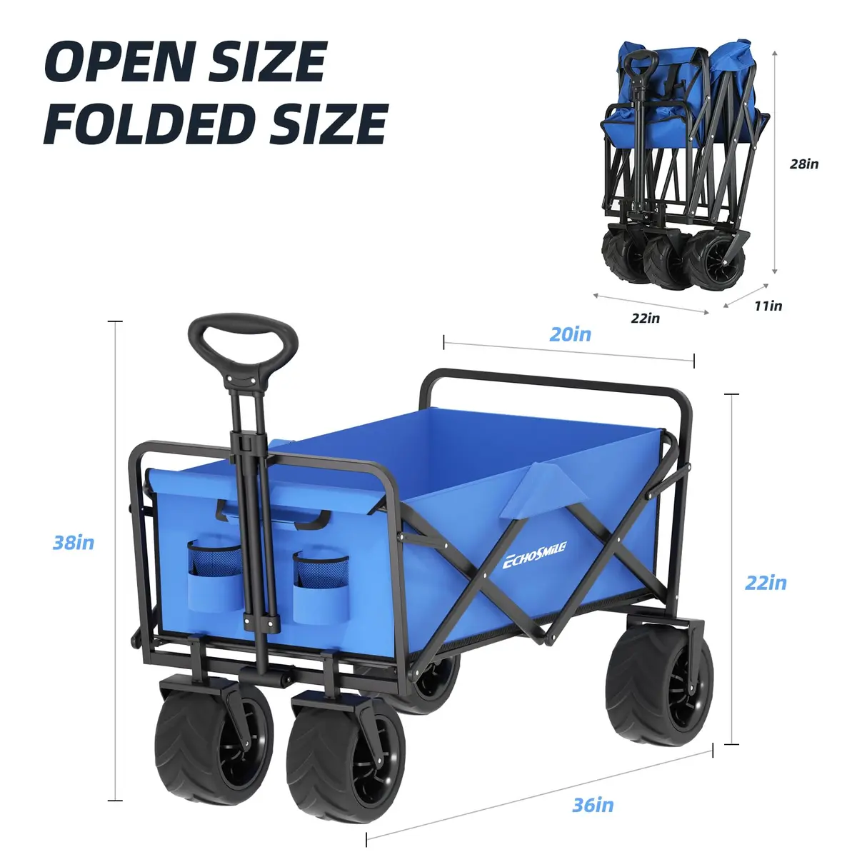 EchoSmile Utility Cart Wagon 35.4"x21.6"x19.6" | Heavy Duty 220Lbs Capacity, Blue - view 2