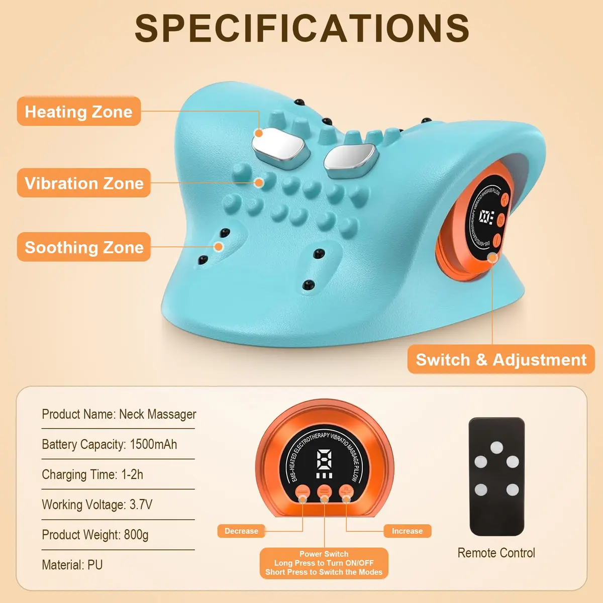 Kalamera Ergonomic Heated Neck Massager Pillow with Vibration Massage | Cordless, Heat & Deep Tissue Relief - view 6