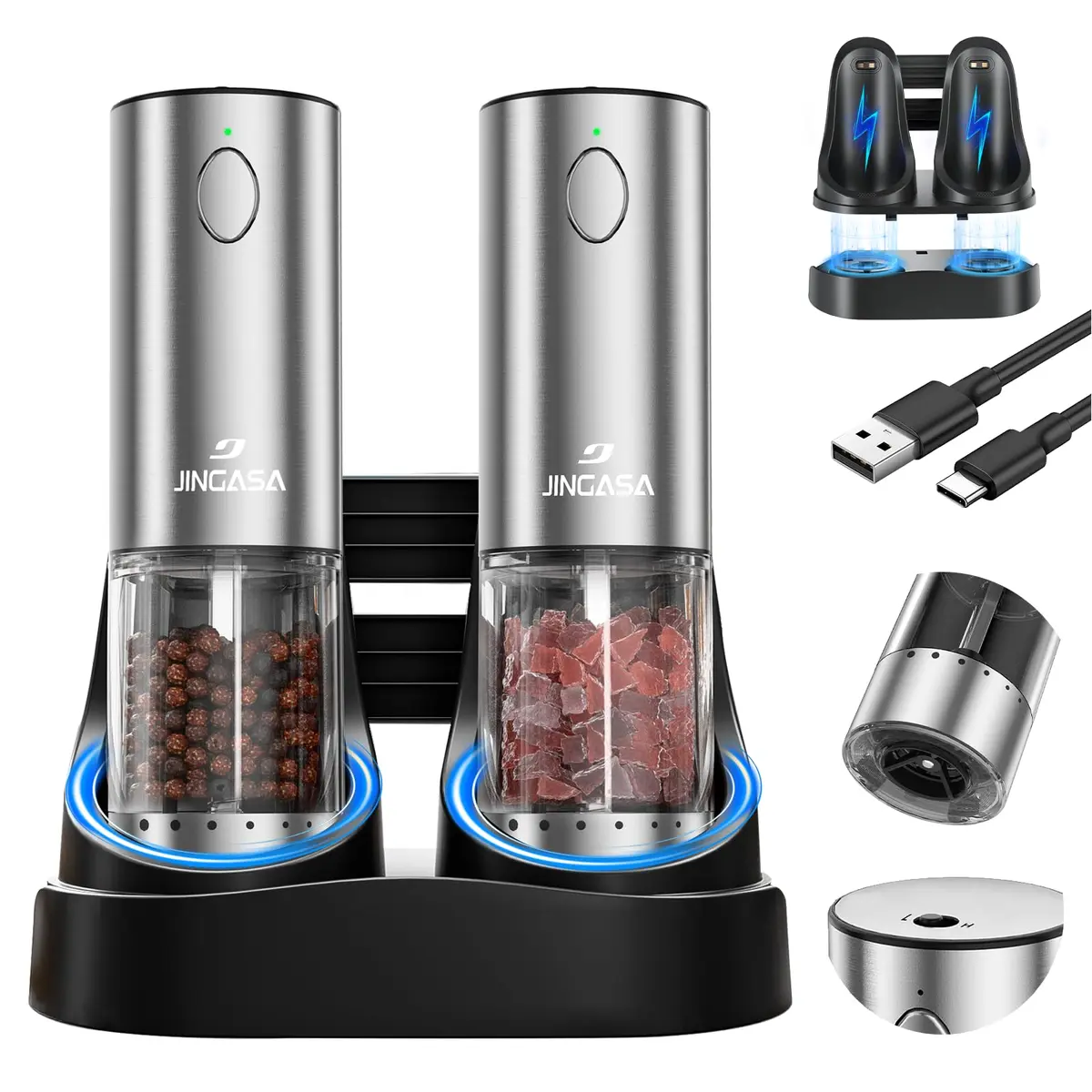 GATTLELIC Electric Salt and Pepper Grinder Set, 95ml Capacity, USB Rechargeable, LED Light, Adjustable Coarseness - main product image