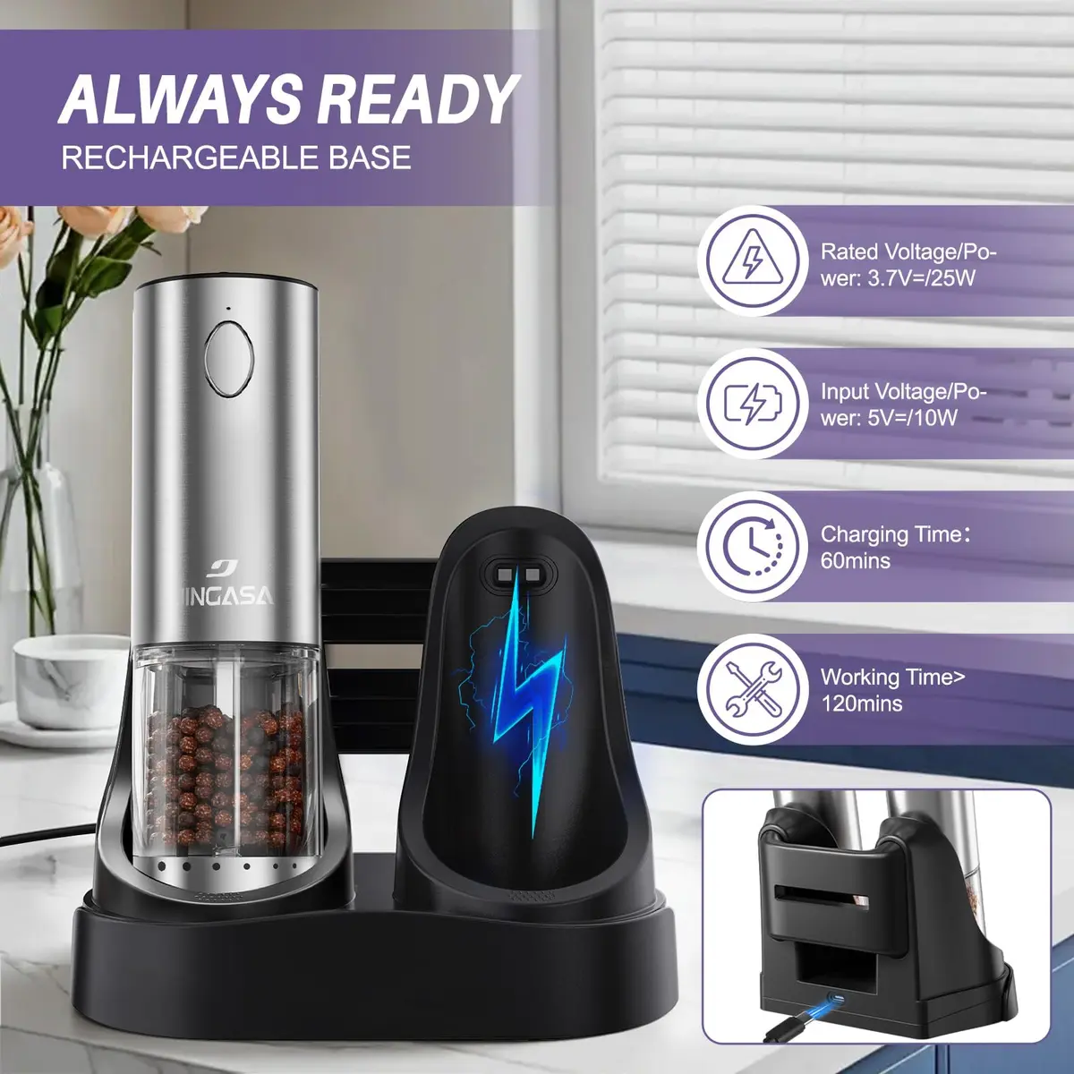 GATTLELIC Electric Salt and Pepper Grinder Set, 95ml Capacity, USB Rechargeable, LED Light, Adjustable Coarseness - view 5