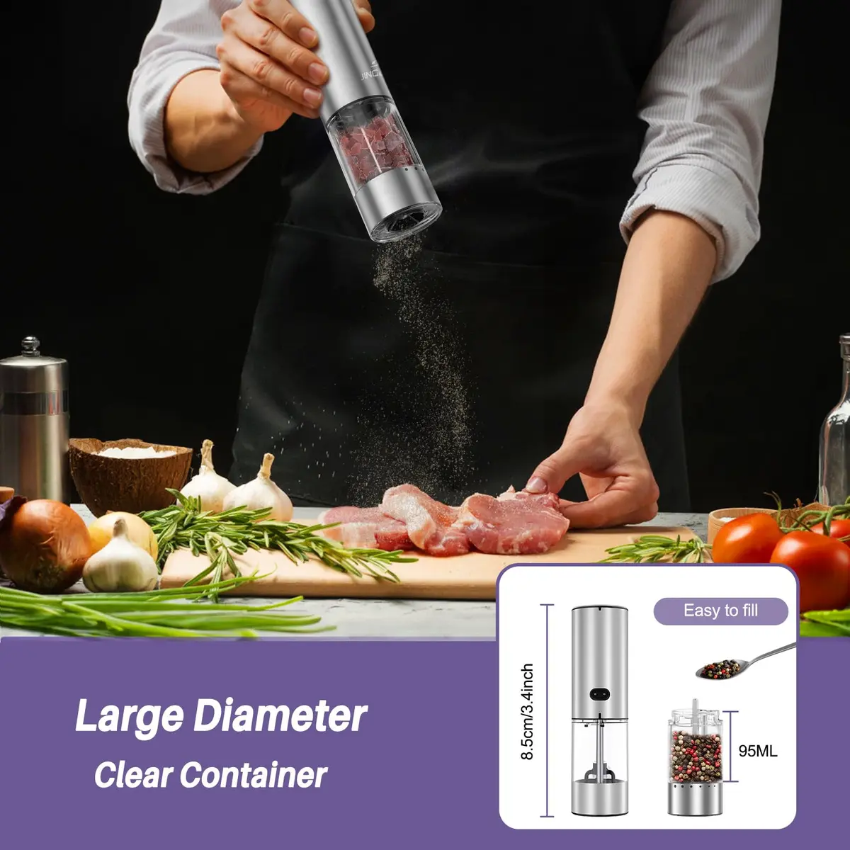 GATTLELIC Electric Salt and Pepper Grinder Set, 95ml Capacity, USB Rechargeable, LED Light, Adjustable Coarseness - view 6