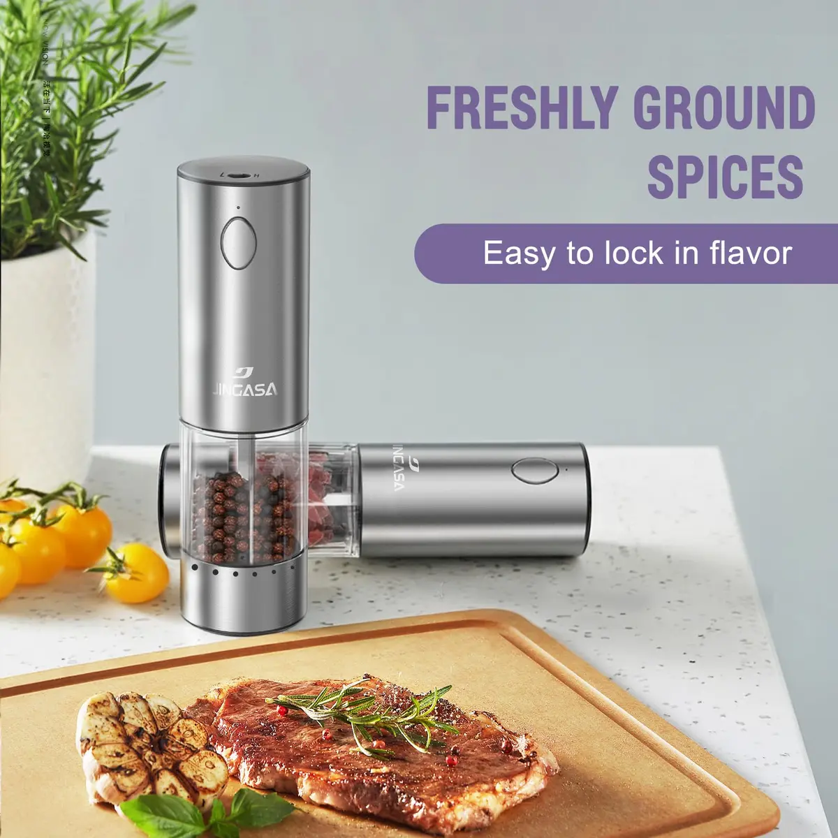 GATTLELIC Electric Salt and Pepper Grinder Set, 95ml Capacity, USB Rechargeable, LED Light, Adjustable Coarseness - view 2