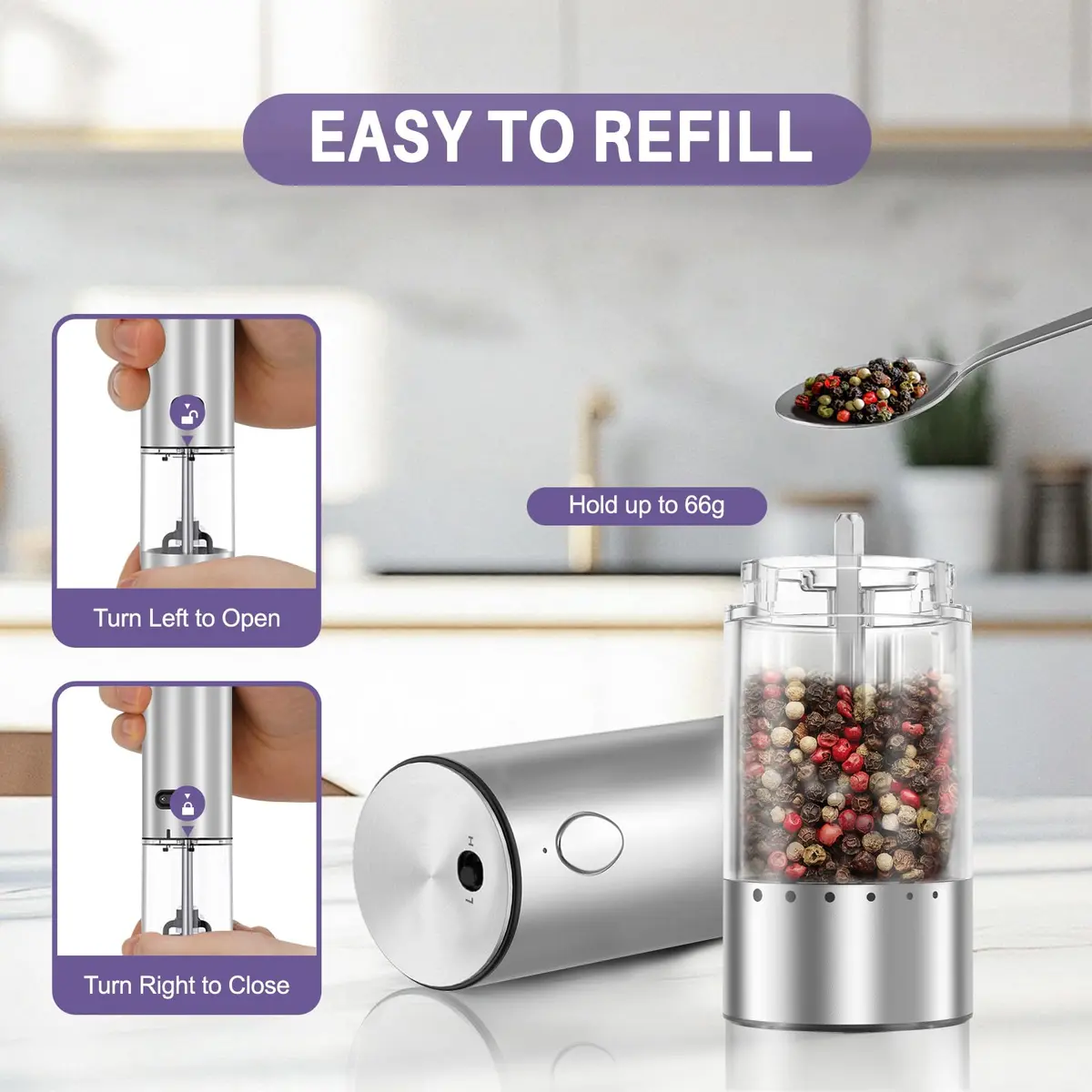 GATTLELIC Electric Salt and Pepper Grinder Set, 95ml Capacity, USB Rechargeable, LED Light, Adjustable Coarseness - view 3