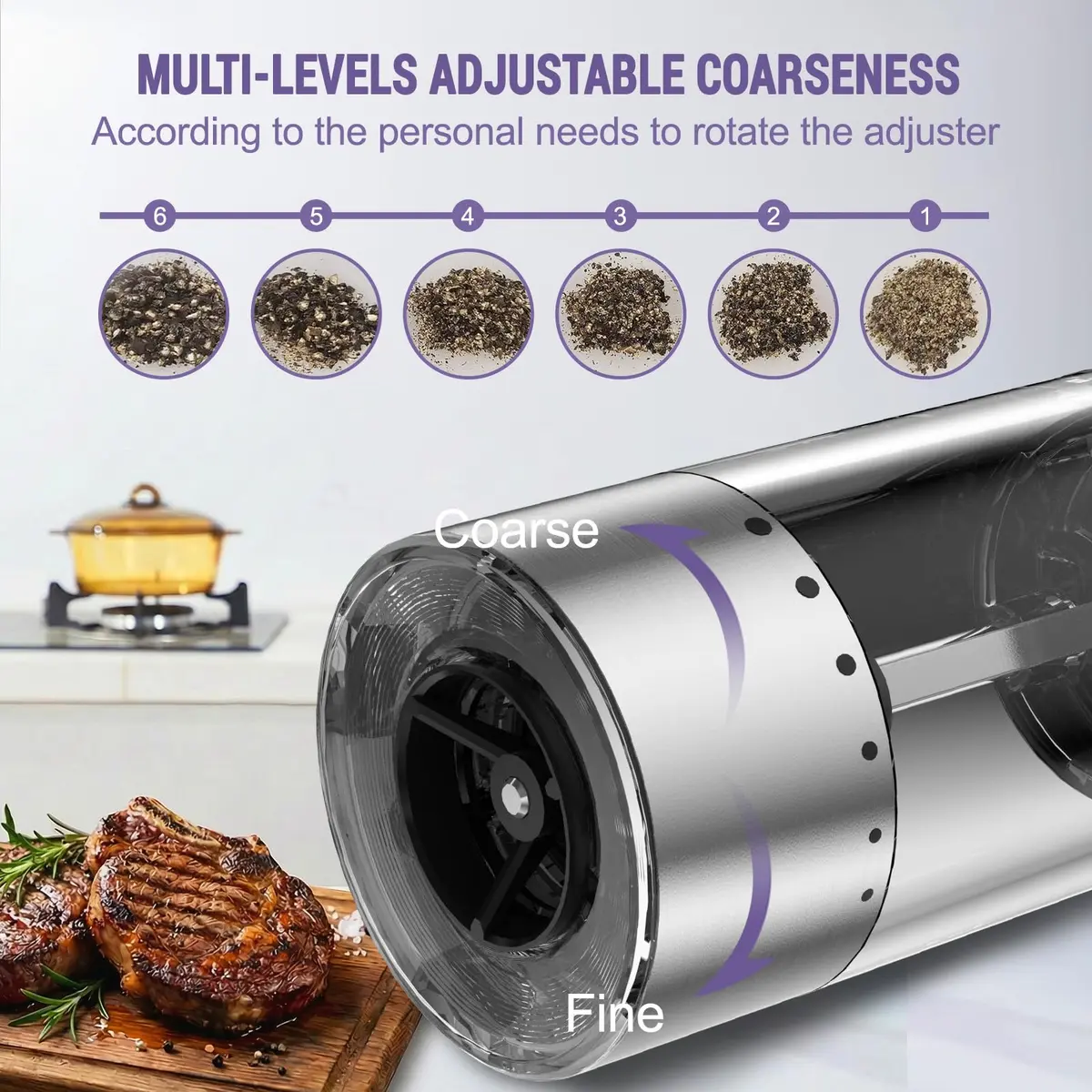 GATTLELIC Electric Salt and Pepper Grinder Set, 95ml Capacity, USB Rechargeable, LED Light, Adjustable Coarseness - view 4