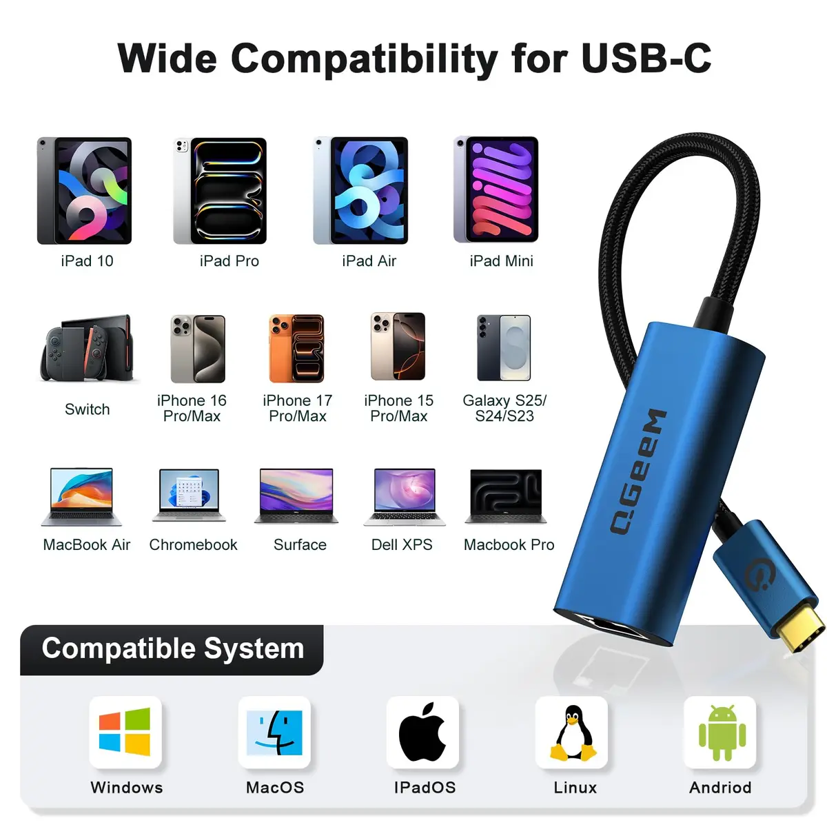 QGeeM USB C to Ethernet Adapter 1000Mbps | Stable Gigabit Network for USB-C Devices - view 6