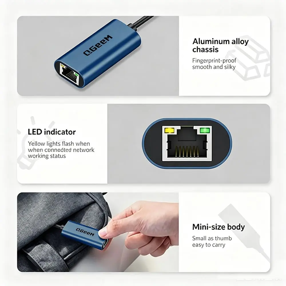 QGeeM USB C to Ethernet Adapter 1000Mbps | Stable Gigabit Network for USB-C Devices - view 7