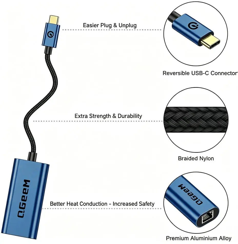 QGeeM USB C to Ethernet Adapter 1000Mbps | Stable Gigabit Network for USB-C Devices - view 9