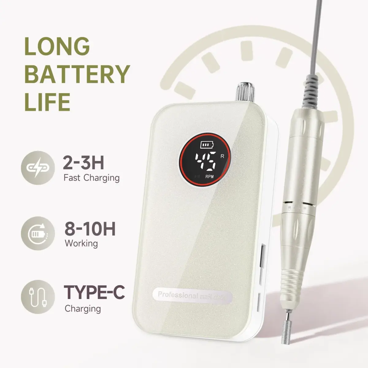 HQMPHQ Professional Nail Drill 45000RPM Rechargeable Electric Nail File | Whisper-Quiet Operation - view 3