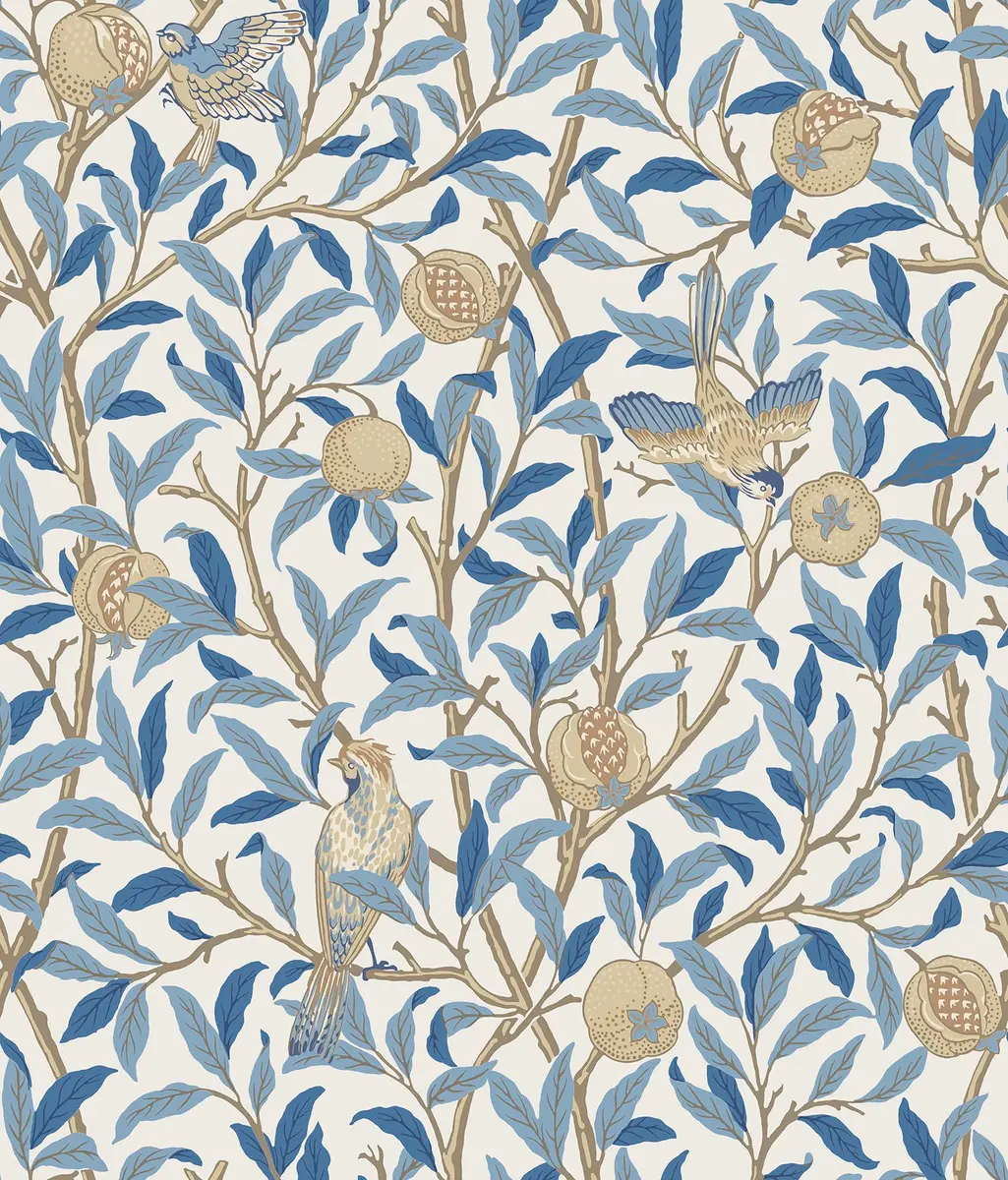 NuWallpaper x Morris & Co. Bird and Pomegranate Woad Peel and Stick Wallpaper | Botanical Floral Pattern, 20.5" x 18ft, Blue - main product image