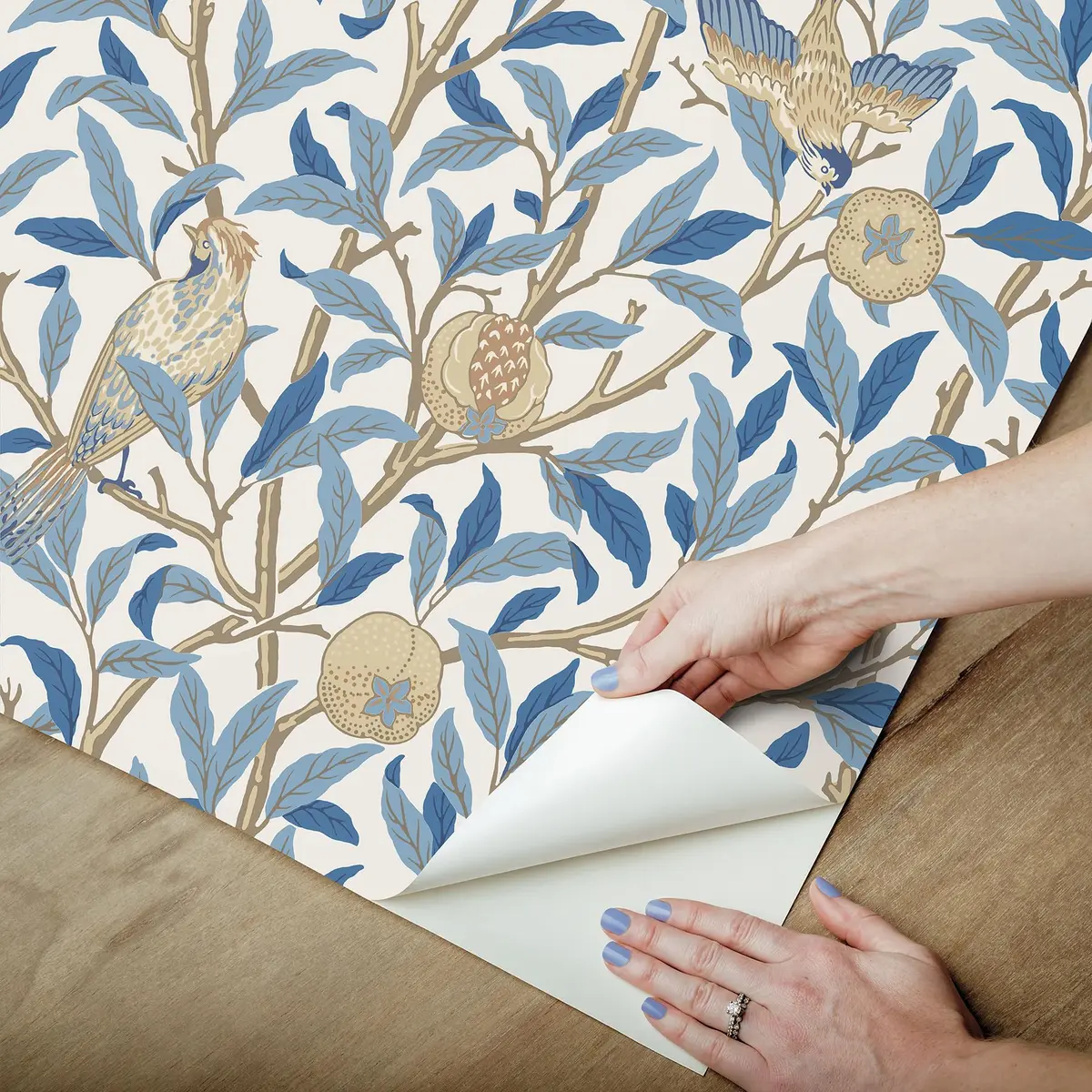 NuWallpaper x Morris & Co. Bird and Pomegranate Woad Peel and Stick Wallpaper | Botanical Floral Pattern, 20.5" x 18ft, Blue - view 4