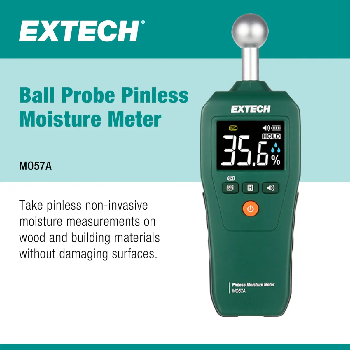 Extech MO57A Pinless Moisture Meter with Spherical Sensor, 100mm (4in) Depth | Non-Destructive Wood, Drywall, Concrete Moisture Reader - view 2