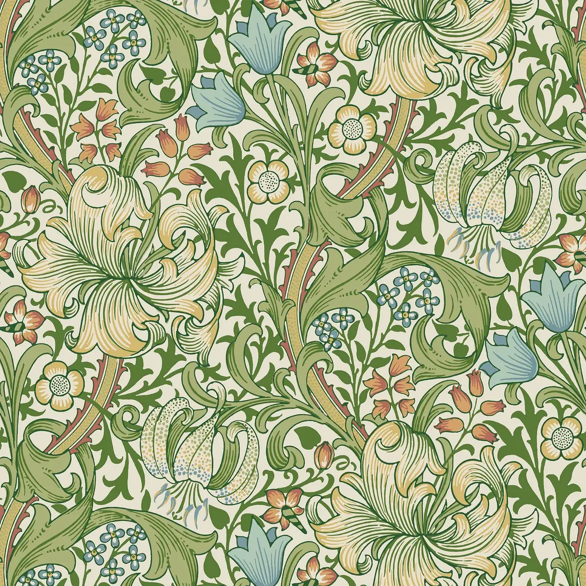 NuWallpaper x Morris & Co. Golden Lily Boughs Green Peel and Stick Wallpaper | Botanical Floral Pattern, 20.5" x 18ft, Green - main product image