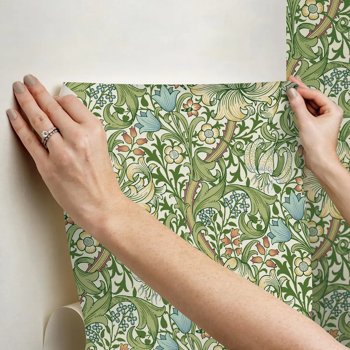 NuWallpaper x Morris & Co. Golden Lily Boughs Green Peel and Stick Wallpaper | Botanical Floral Pattern, 20.5" x 18ft, Green - view 5