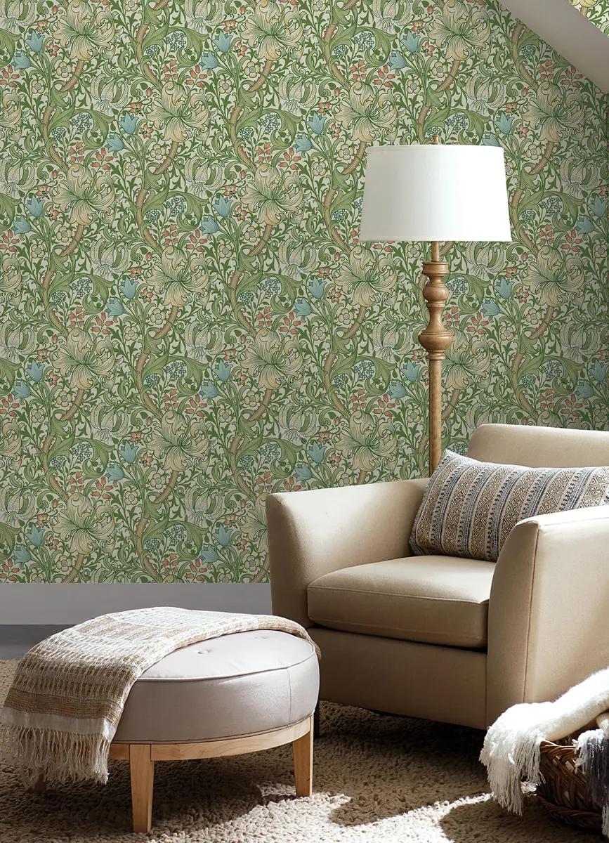 NuWallpaper x Morris & Co. Golden Lily Boughs Green Peel and Stick Wallpaper | Botanical Floral Pattern, 20.5" x 18ft, Green - view 2