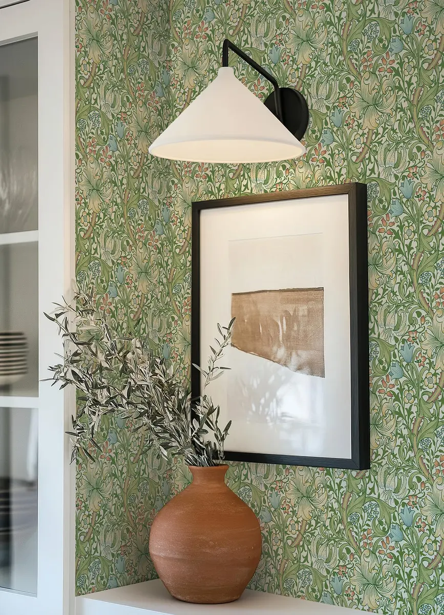 NuWallpaper x Morris & Co. Golden Lily Boughs Green Peel and Stick Wallpaper | Botanical Floral Pattern, 20.5" x 18ft, Green - view 3