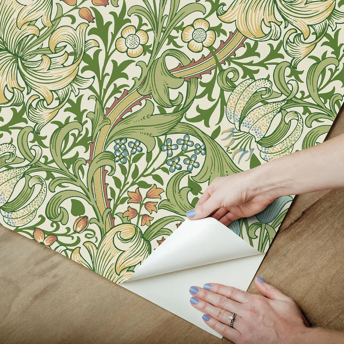 NuWallpaper x Morris & Co. Golden Lily Boughs Green Peel and Stick Wallpaper | Botanical Floral Pattern, 20.5" x 18ft, Green - view 4