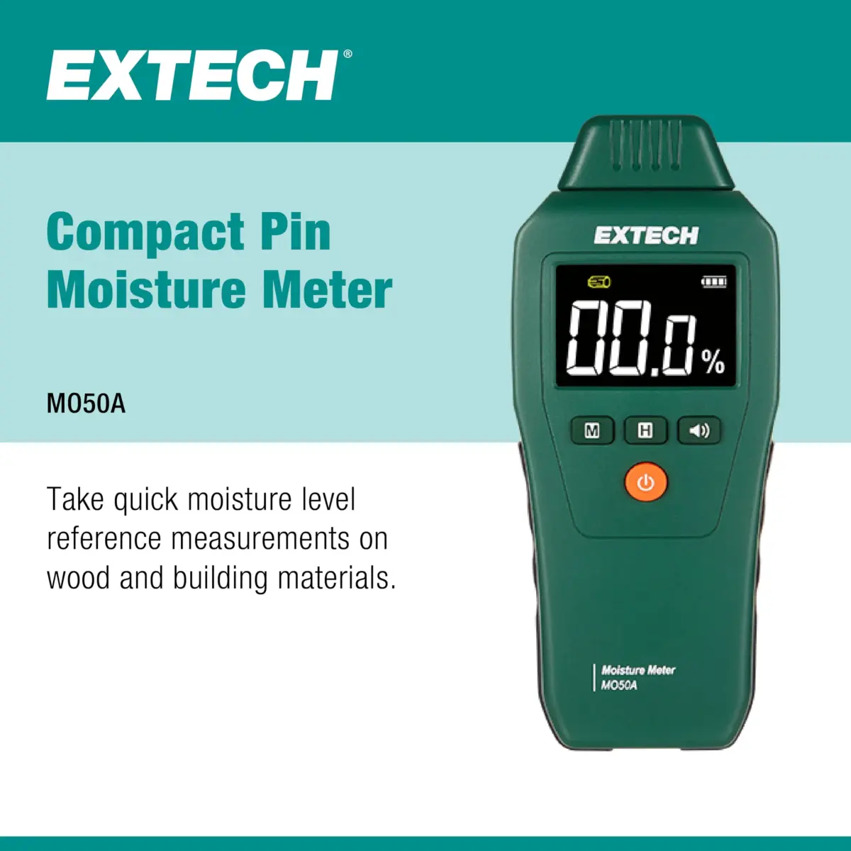 Extech MO50A Compact Pin Moisture Meter | 6.7 x 2.7 x 1.3 inches (17 x 6.9 x 3.3 cm) | Wood 5-50%, Building Materials 1.5-33% - view 2