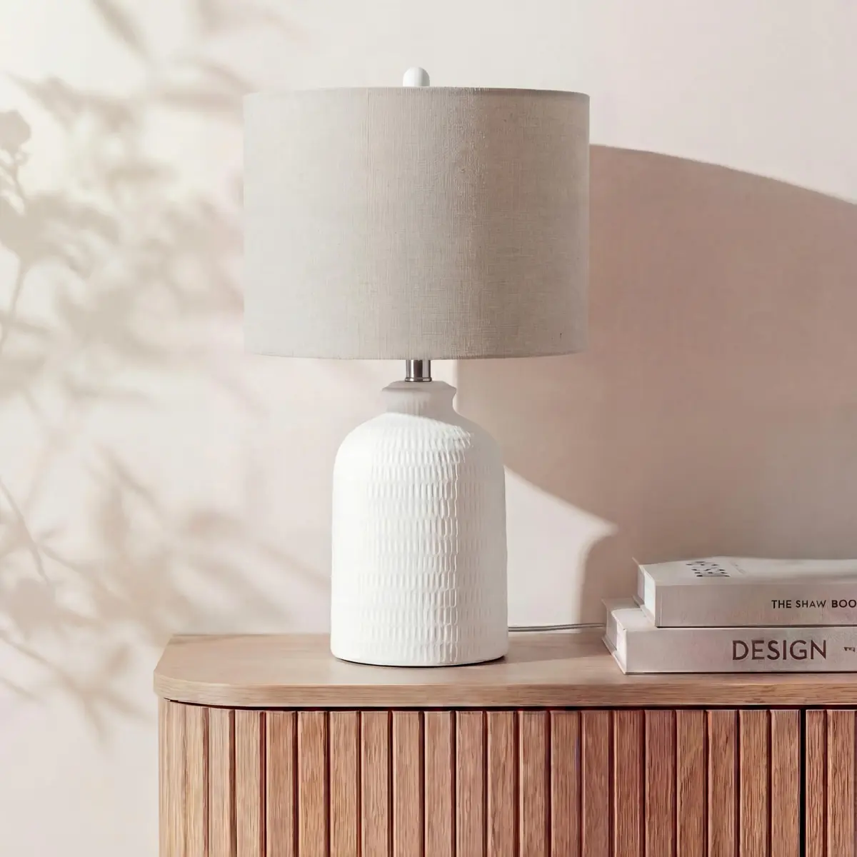 Nourison Home 24" White Textured Ceramic Table Lamp with Tan Linen Shade | Modern Accent Bedside Lamp for Bedroom, Living Room - main product image