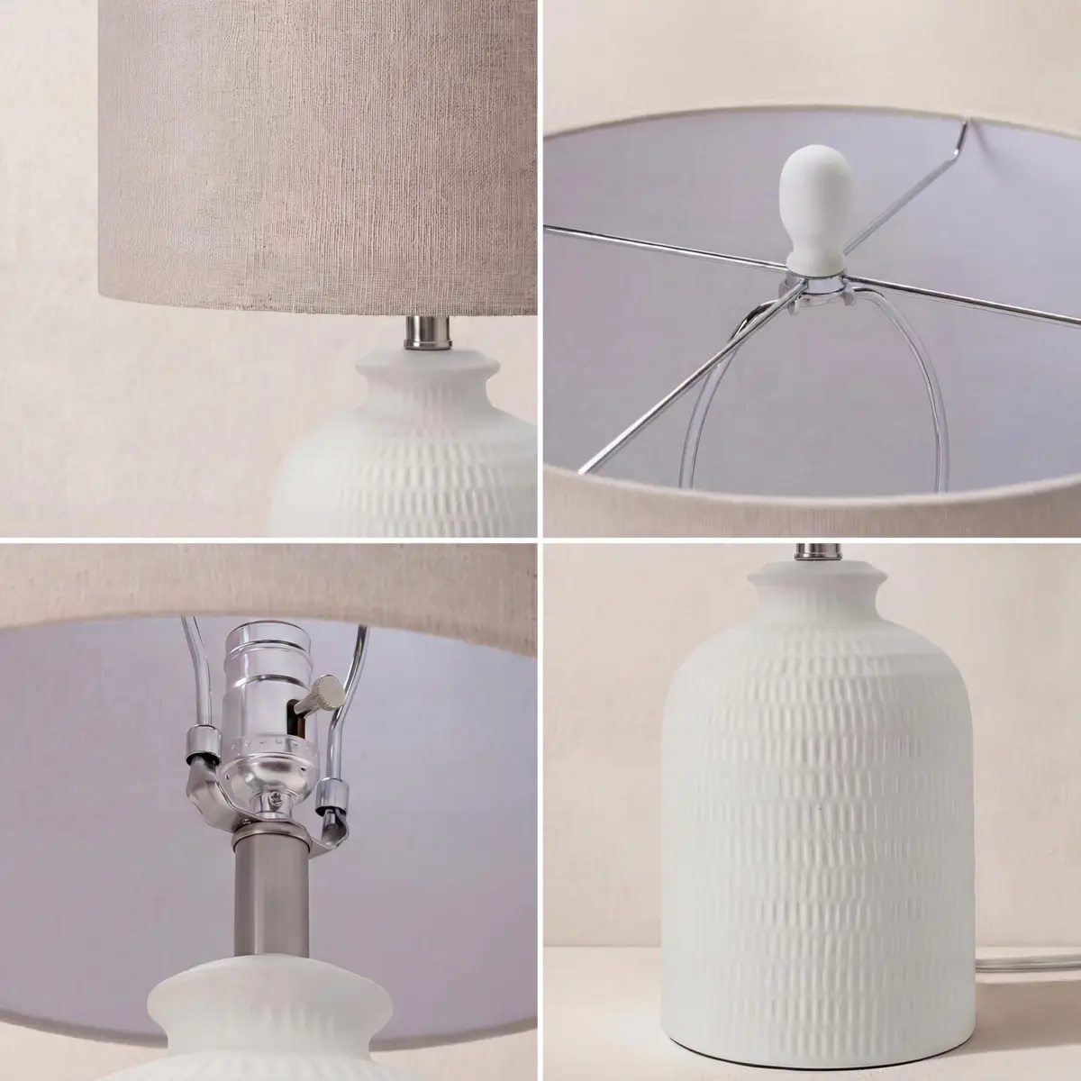 Nourison Home 24" White Textured Ceramic Table Lamp with Tan Linen Shade | Modern Accent Bedside Lamp for Bedroom, Living Room - view 5