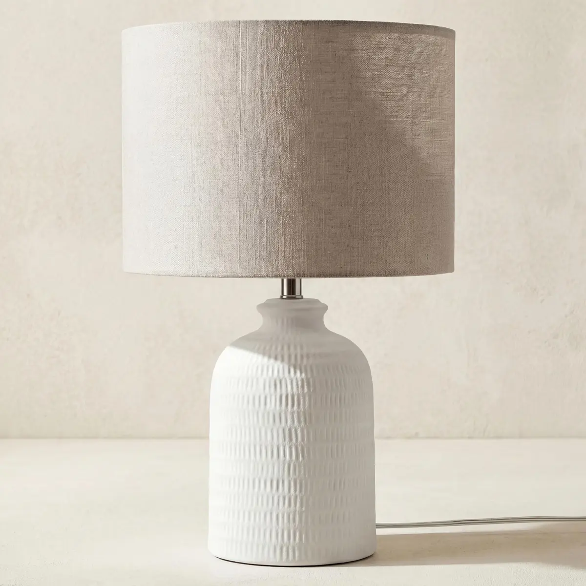 Nourison Home 24" White Textured Ceramic Table Lamp with Tan Linen Shade | Modern Accent Bedside Lamp for Bedroom, Living Room - view 2