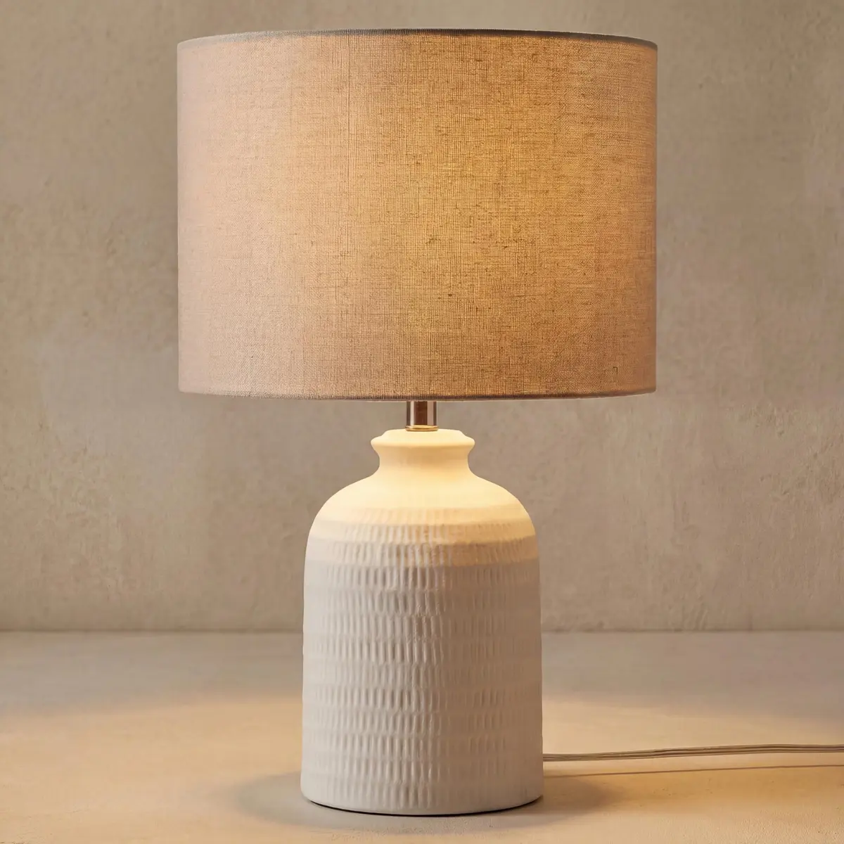 Nourison Home 24" White Textured Ceramic Table Lamp with Tan Linen Shade | Modern Accent Bedside Lamp for Bedroom, Living Room - view 3