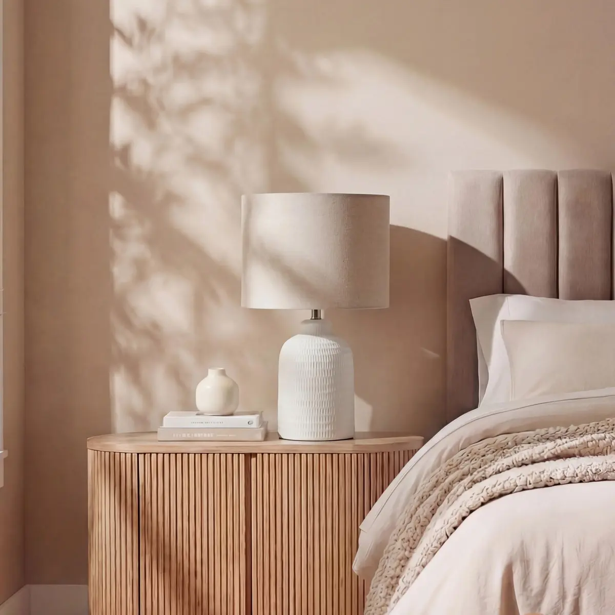 Nourison Home 24" White Textured Ceramic Table Lamp with Tan Linen Shade | Modern Accent Bedside Lamp for Bedroom, Living Room - view 4