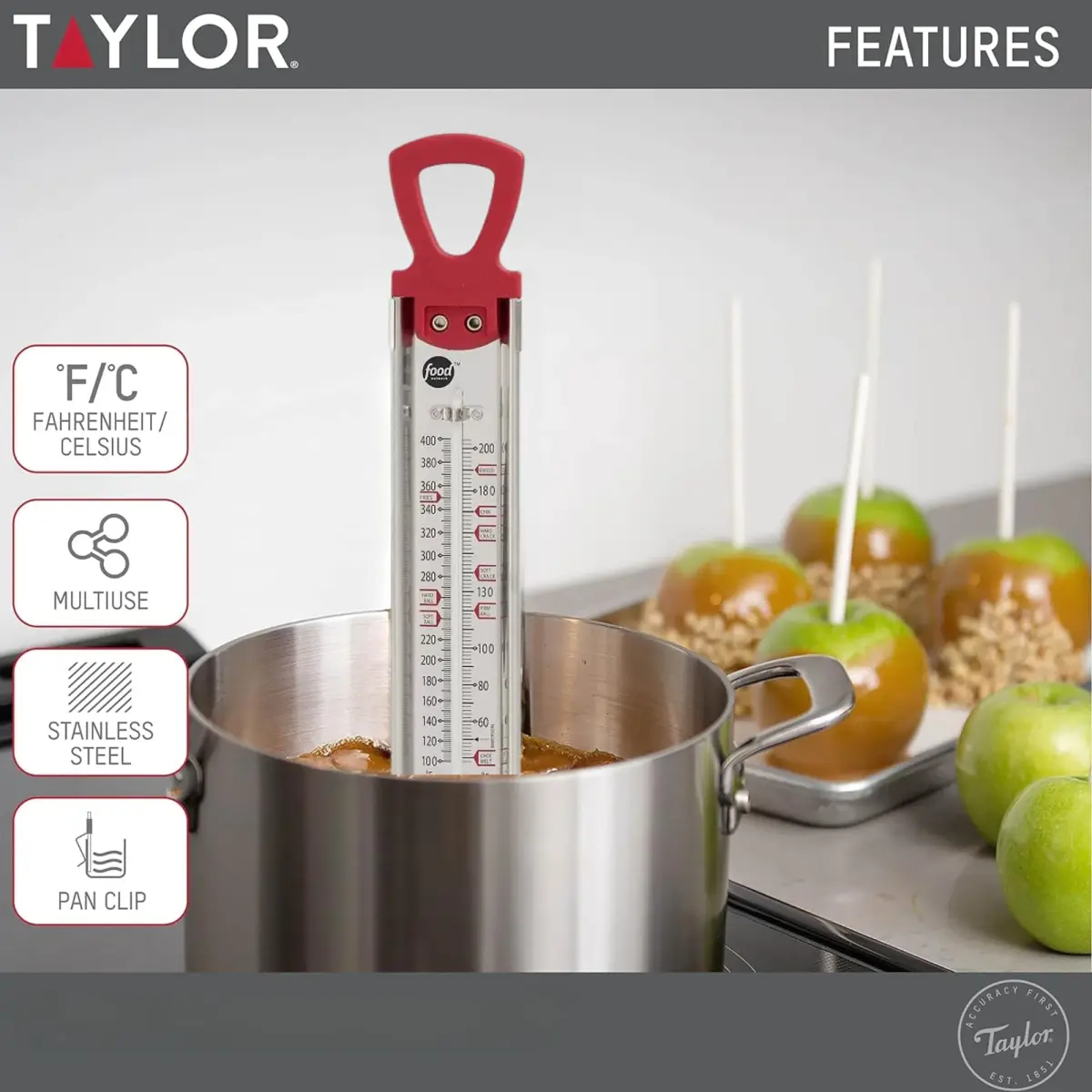 Taylor Food Network Stainless Steel Candy & Deep Fry Thermometer, Red | 100-400°F (38-204°C) - view 3