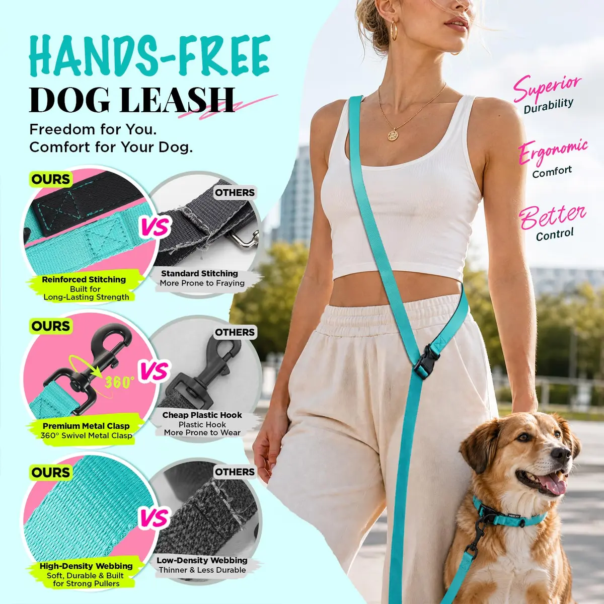 Heelay Hands Free Dog Leash 2.5m (8.2ft) Teal | Adjustable Crossbody Rope for Medium Dogs - view 5