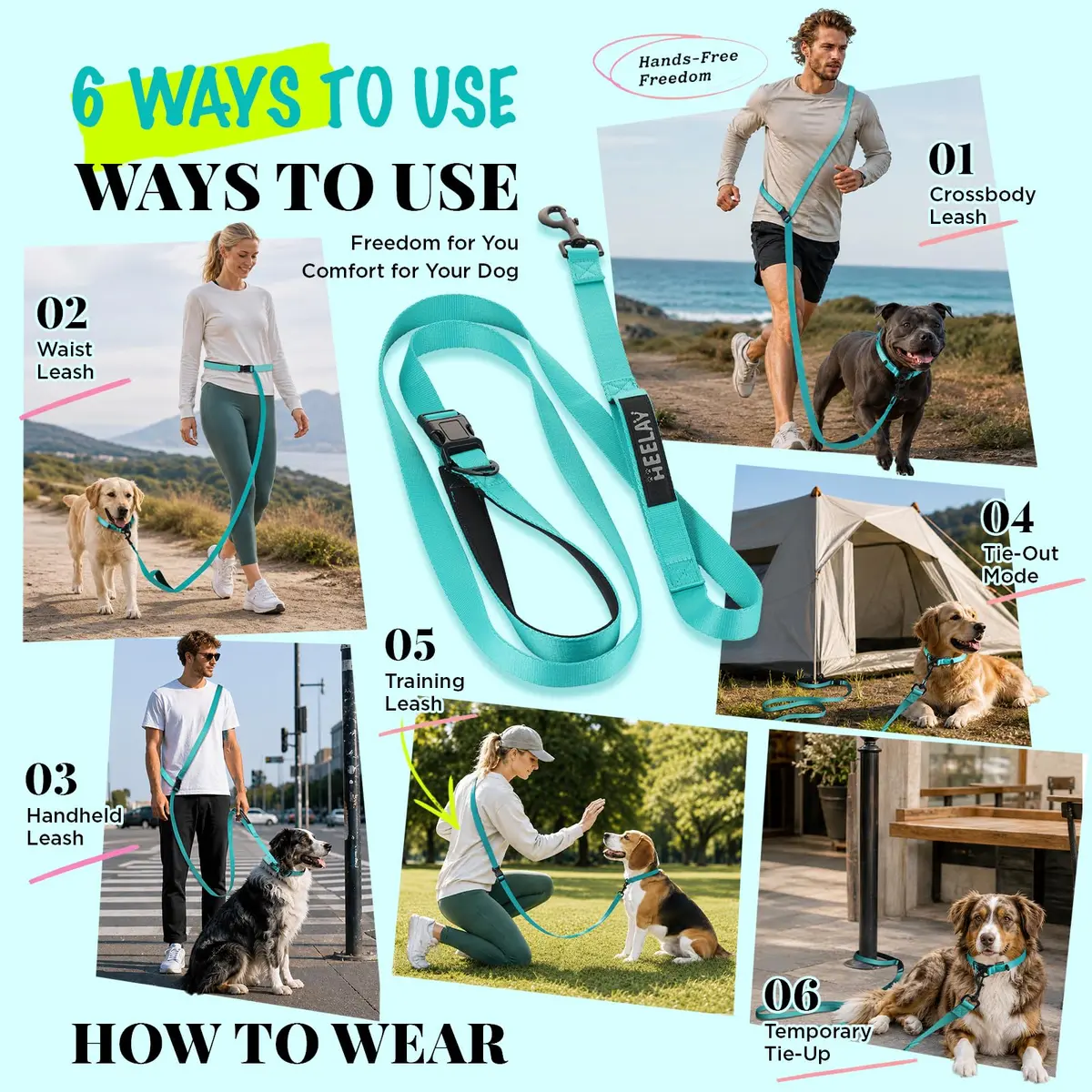 Heelay Hands Free Dog Leash 2.5m (8.2ft) Teal | Adjustable Crossbody Rope for Medium Dogs - view 6