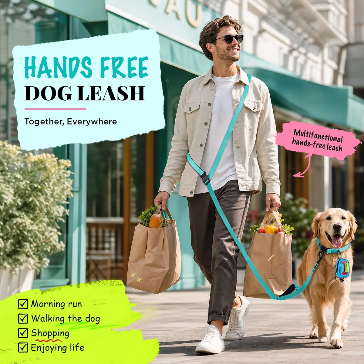 Heelay Hands Free Dog Leash 2.5m (8.2ft) Teal | Adjustable Crossbody Rope for Medium Dogs - view 7