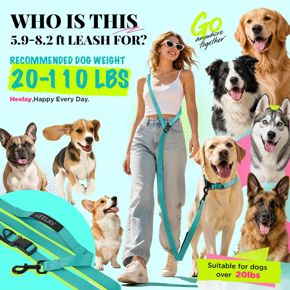 Heelay Hands Free Dog Leash 2.5m (8.2ft) Teal | Adjustable Crossbody Rope for Medium Dogs - view 2