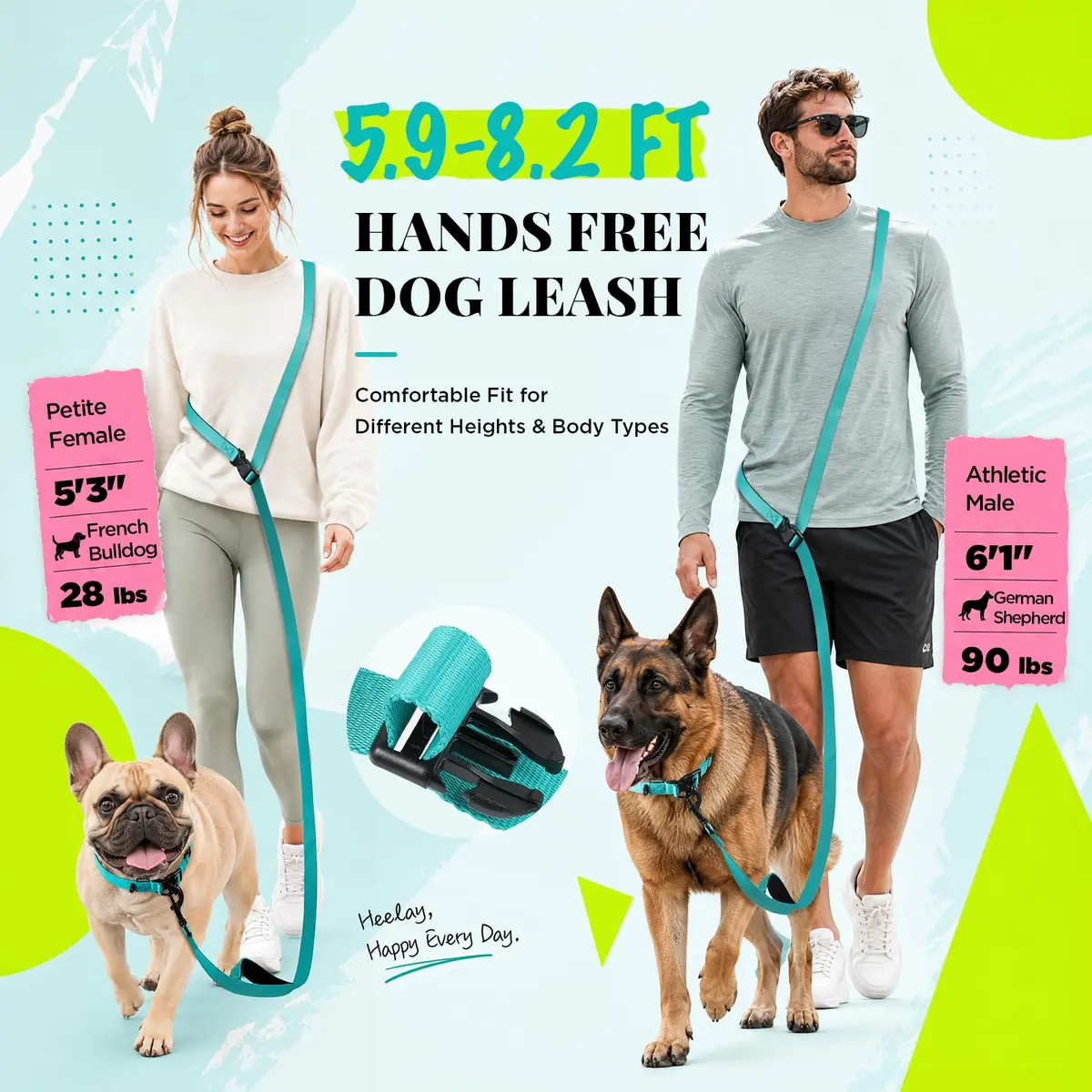 Heelay Hands Free Dog Leash 2.5m (8.2ft) Teal | Adjustable Crossbody Rope for Medium Dogs - view 3