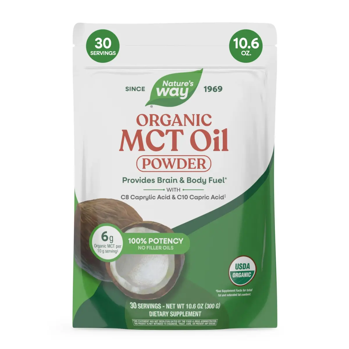 Nature's Way Organic MCT Oil Powder 10.6 Oz (300g) | Brain and Body Fuel for Energy - main product image