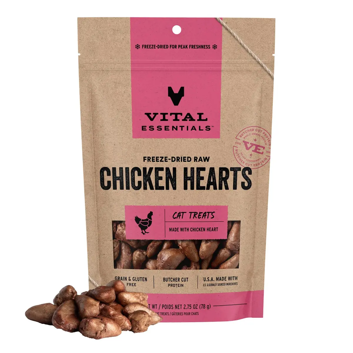 Vital Essentials Freeze Dried Raw Chicken Hearts Cat Treats 2.75 oz (78 g) | Single Ingredient Protein Boost - main product image