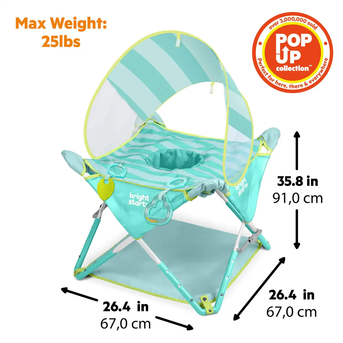 Bright Starts Pop 'N Jump Portable Baby Activity Center Sky Stripes Blue | Indoor Outdoor Play, Adjustable Height, UV Canopy - view 7