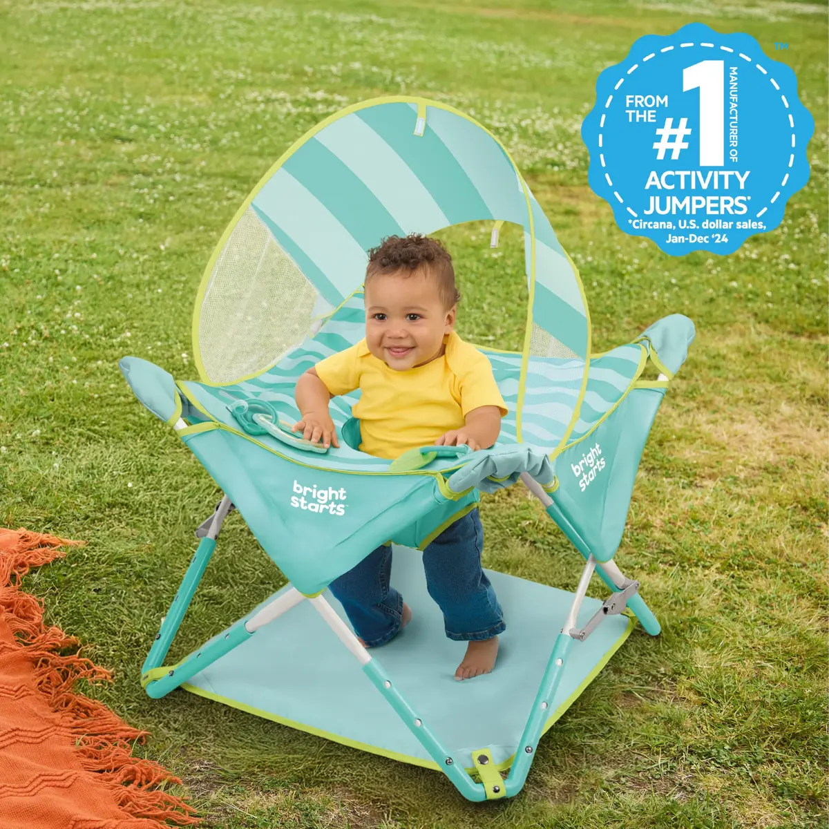 Bright Starts Pop 'N Jump Portable Baby Activity Center Sky Stripes Blue | Indoor Outdoor Play, Adjustable Height, UV Canopy - view 2