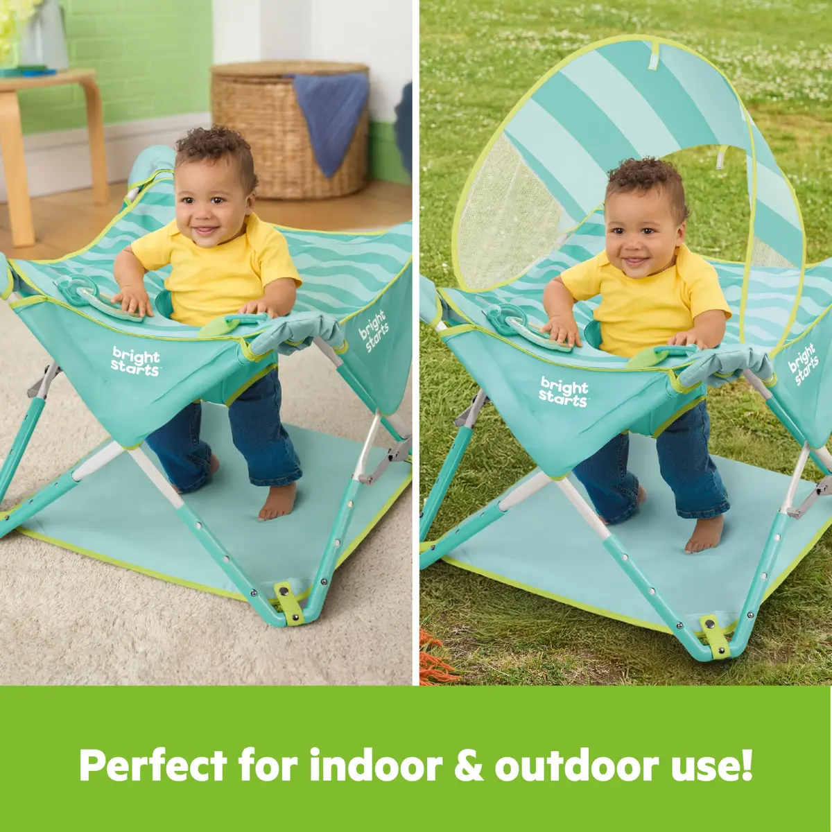 Bright Starts Pop 'N Jump Portable Baby Activity Center Sky Stripes Blue | Indoor Outdoor Play, Adjustable Height, UV Canopy - view 3