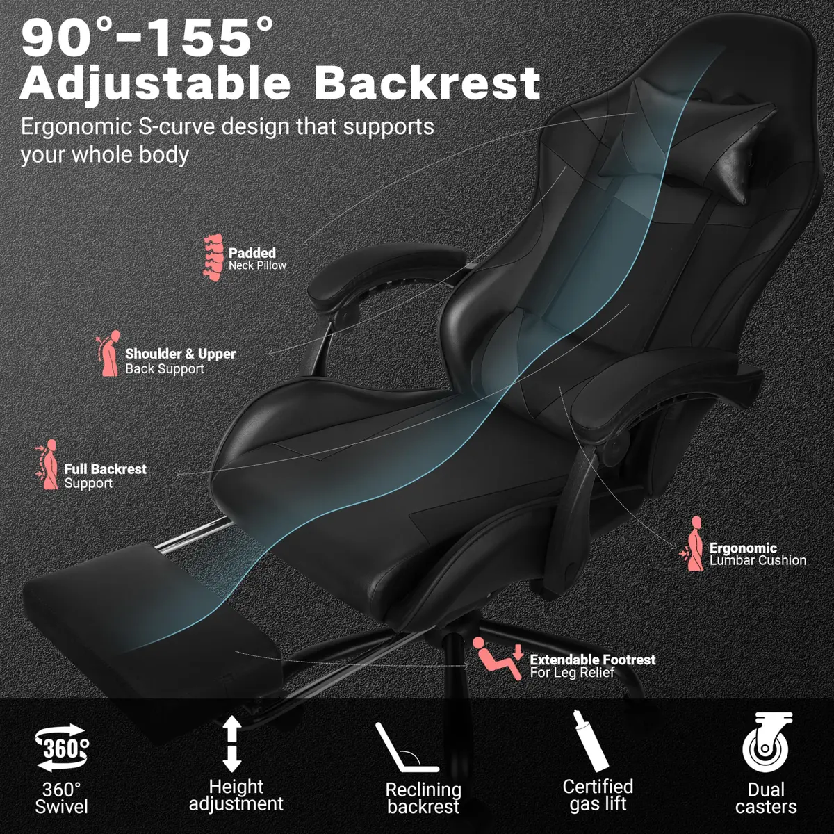 Ray Bear Gaming Chair with Footrest & Lumbar Support | Ergonomic Office Seat, Adjustable Height, 360° Swivel, Headrest (Black) | Supports up to 330 lbs - view 6