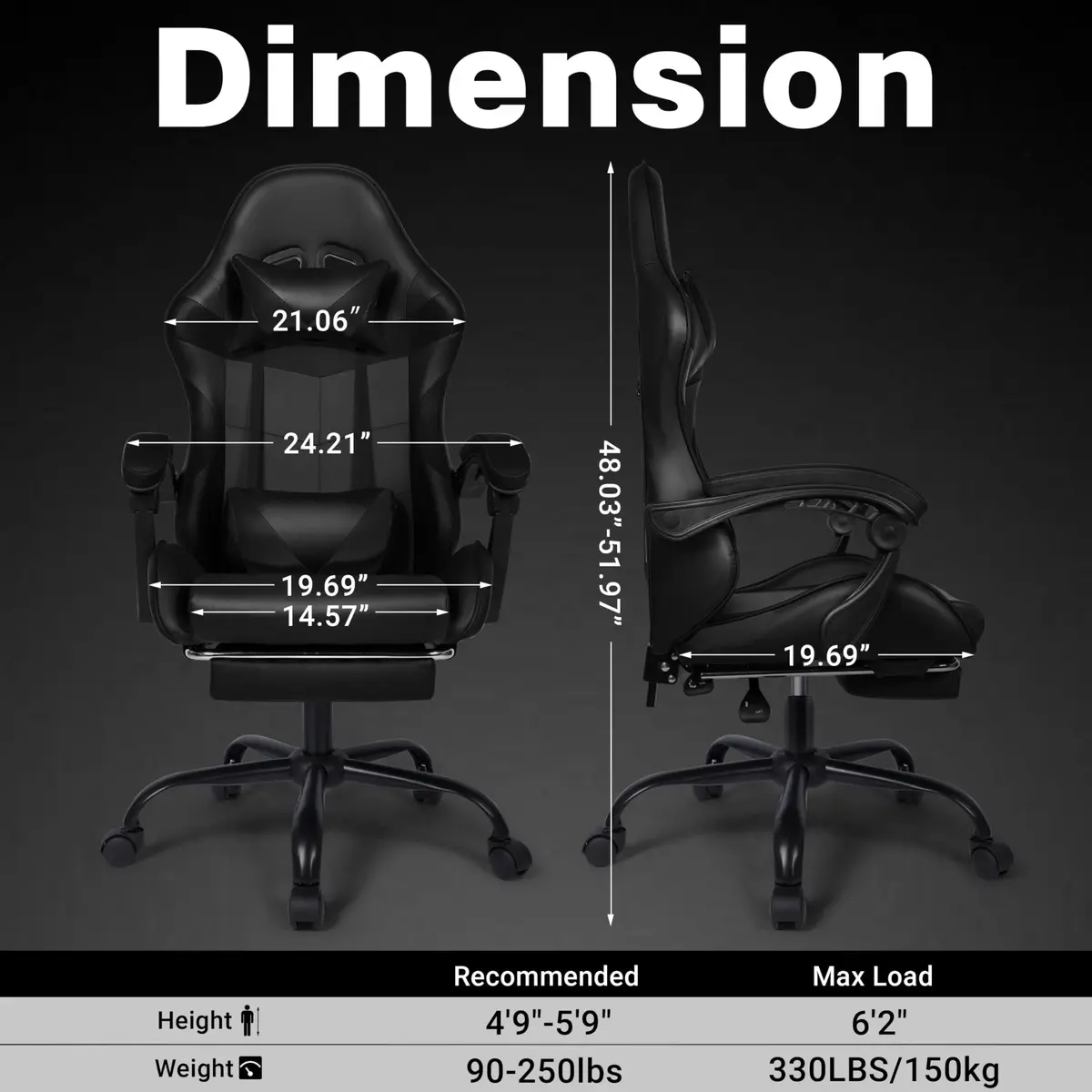Ray Bear Gaming Chair with Footrest & Lumbar Support | Ergonomic Office Seat, Adjustable Height, 360° Swivel, Headrest (Black) | Supports up to 330 lbs - view 7