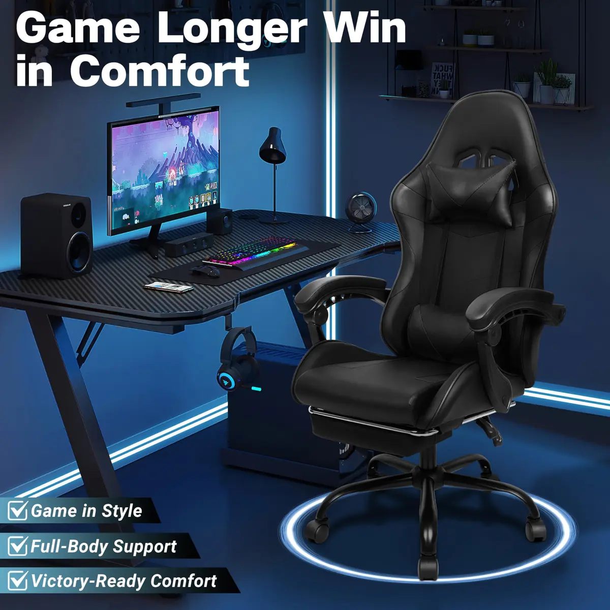 Ray Bear Gaming Chair with Footrest & Lumbar Support | Ergonomic Office Seat, Adjustable Height, 360° Swivel, Headrest (Black) | Supports up to 330 lbs - view 8